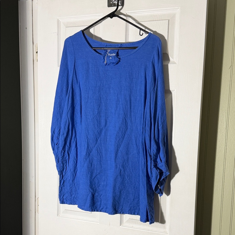 Yuvita Cobalt Blue Long Sleeve Linen Top